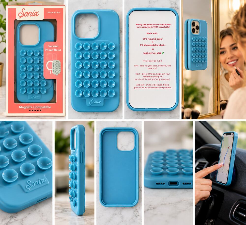 Sonix Suction Phone Mount Case – Blue – MagSafe Compatible – iPhone 16 Pro